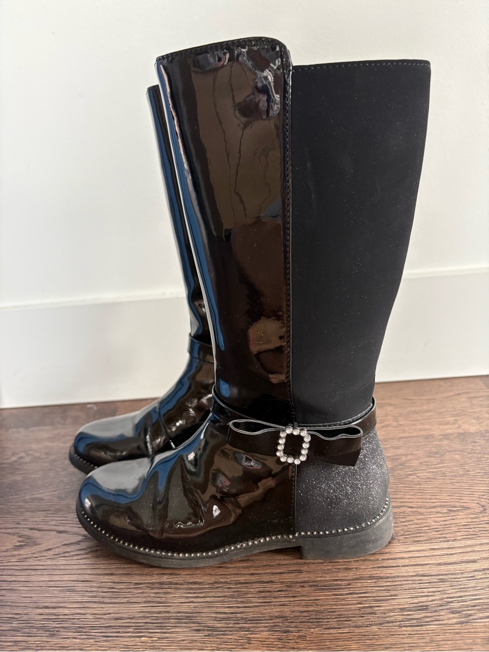 Girls Black Tall Patent & Suede Boots with Decorative Buckle
